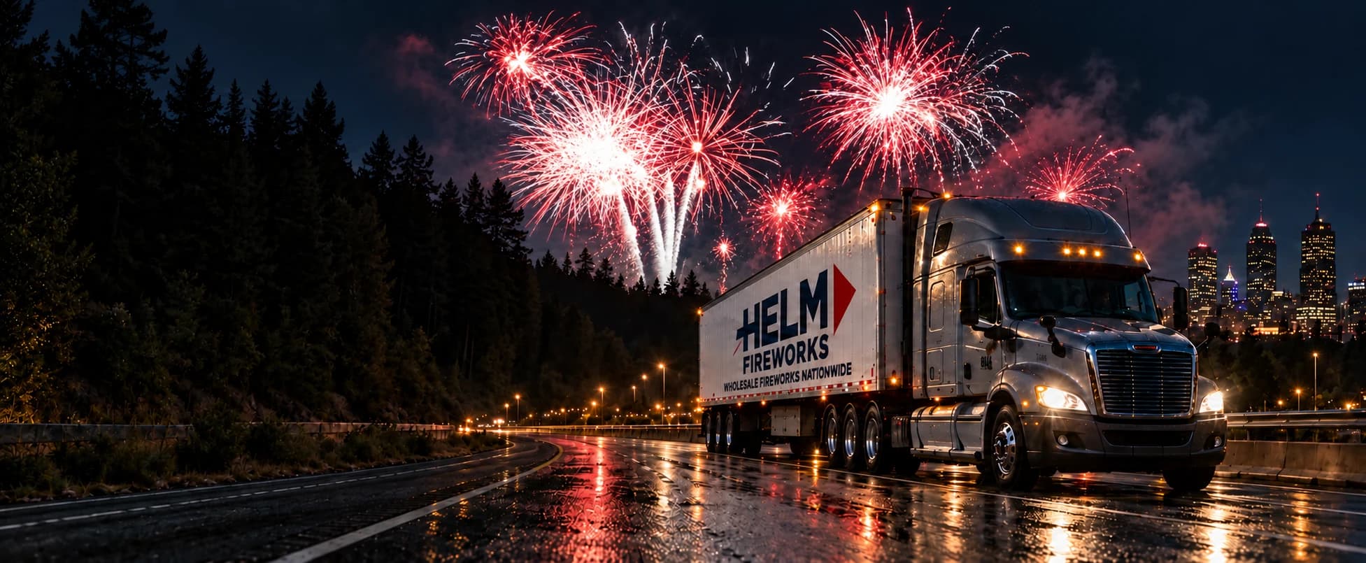 Helm Fireworks truck on a rain-lit highway beneath red and white fireworks